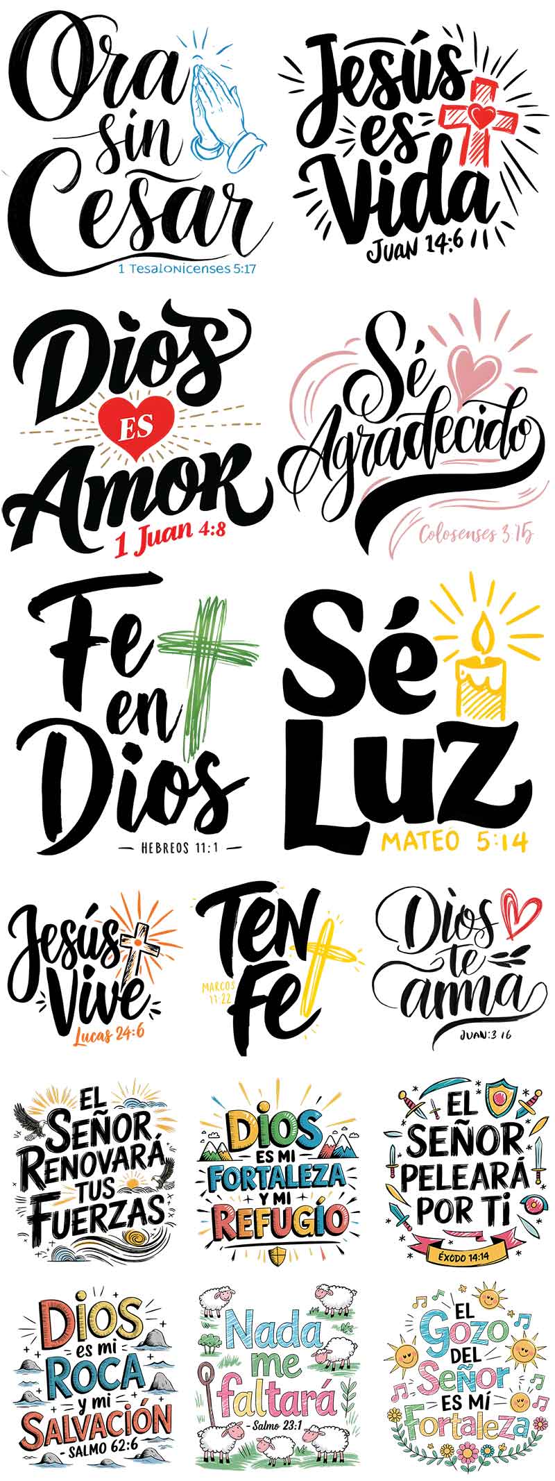 Collection of colorful Spanish religious text designs on a white background