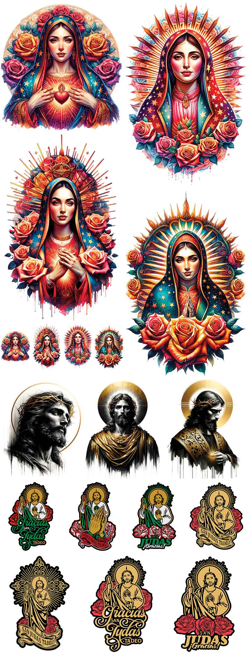 Collection of colorful religious-themed stickers featuring portraits and floral designs.