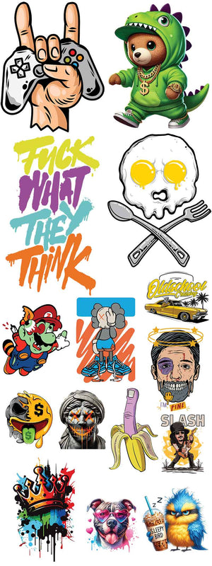 Collection of colorful stickers with various designs including a bear in a dinosaur costume, a skull with crossed utensils, and other graphics.