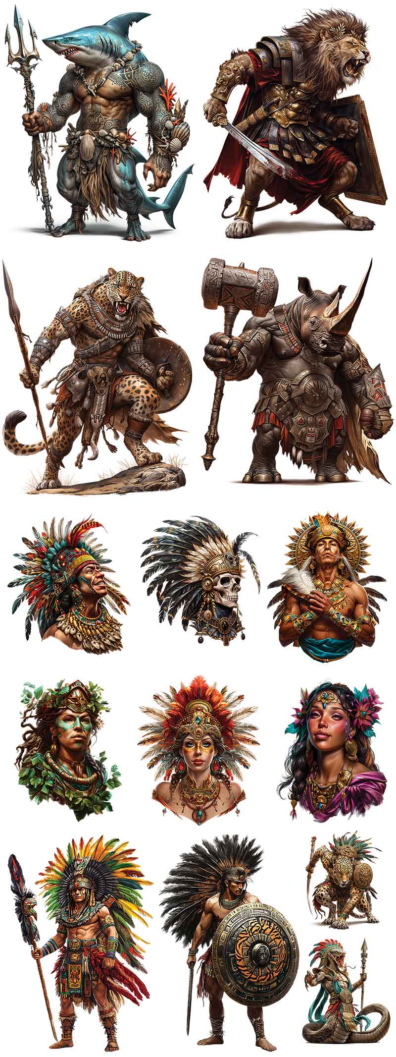 Collection of fantasy warrior figurines and masks on a white background