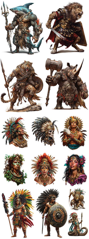 Collection of fantasy warrior figurines and masks on a white background