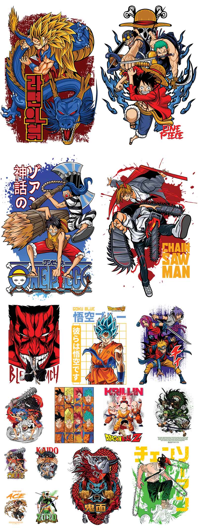Collection of colorful character illustrations from various anime and manga series.