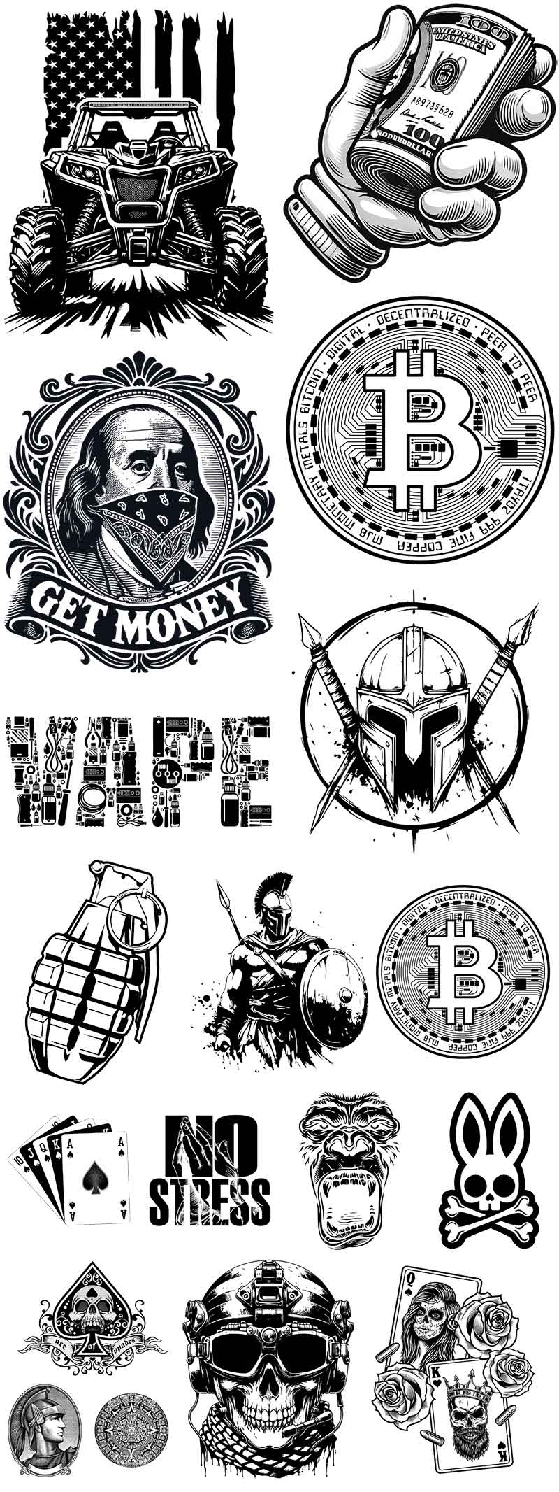 Collection of black and white graphic designs including vehicles, money, symbols, and text.