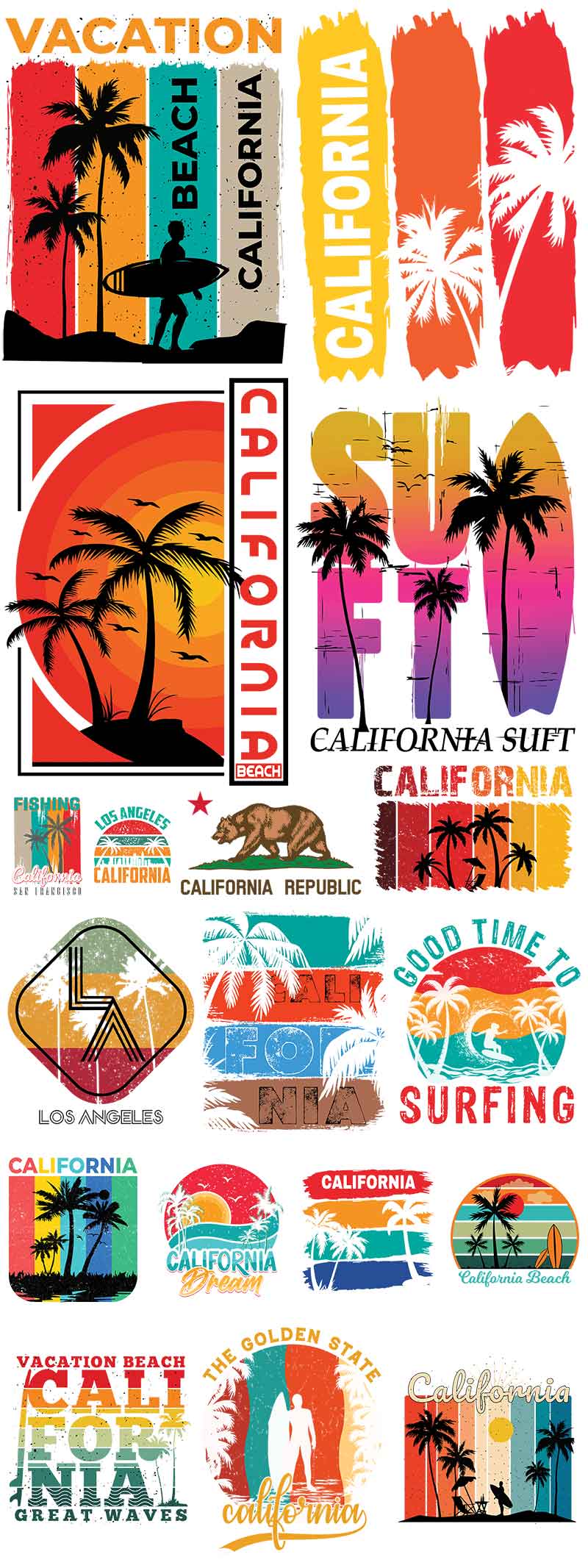 Collection of colorful California-themed graphics with palm trees, surfboards, and text.