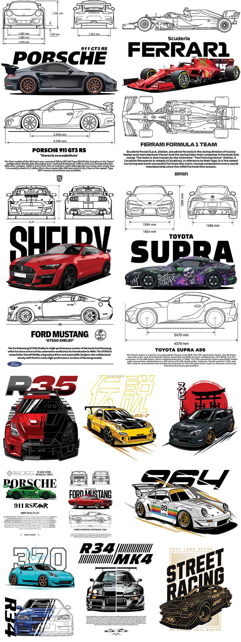 Illustrations of various car models with brand names and design details.