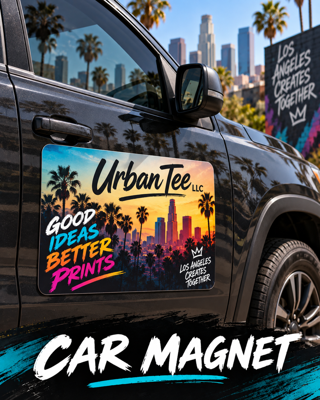 Full color custom car door magnet with Urban Tee LLC logo and Los Angeles skyline on a black pickup truck