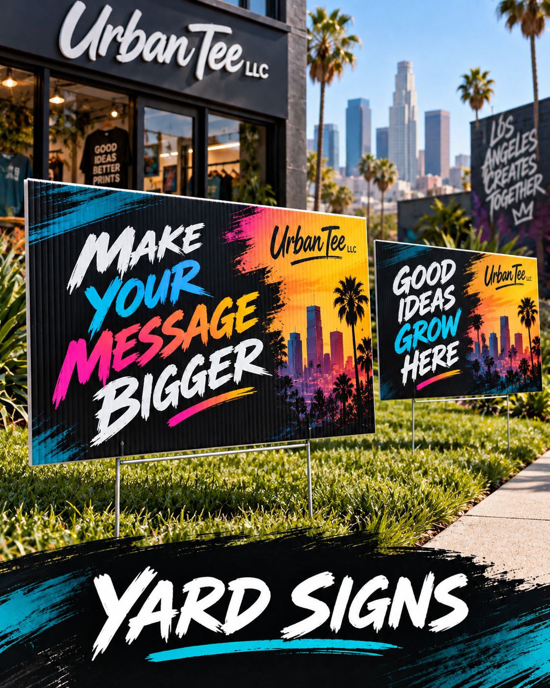 Two custom corrugated plastic yard signs on metal H-stakes in the grass outside the Urban Tee LLC shop