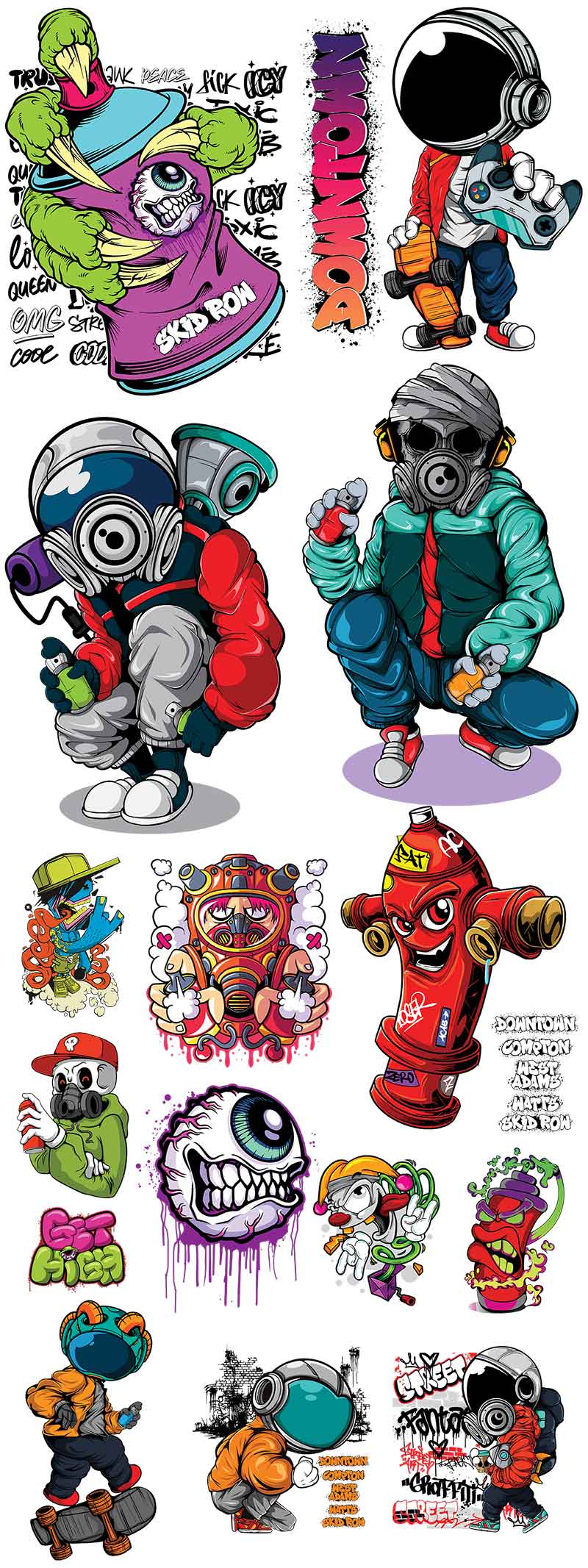 Colorful graphic designs featuring characters and objects on a white background