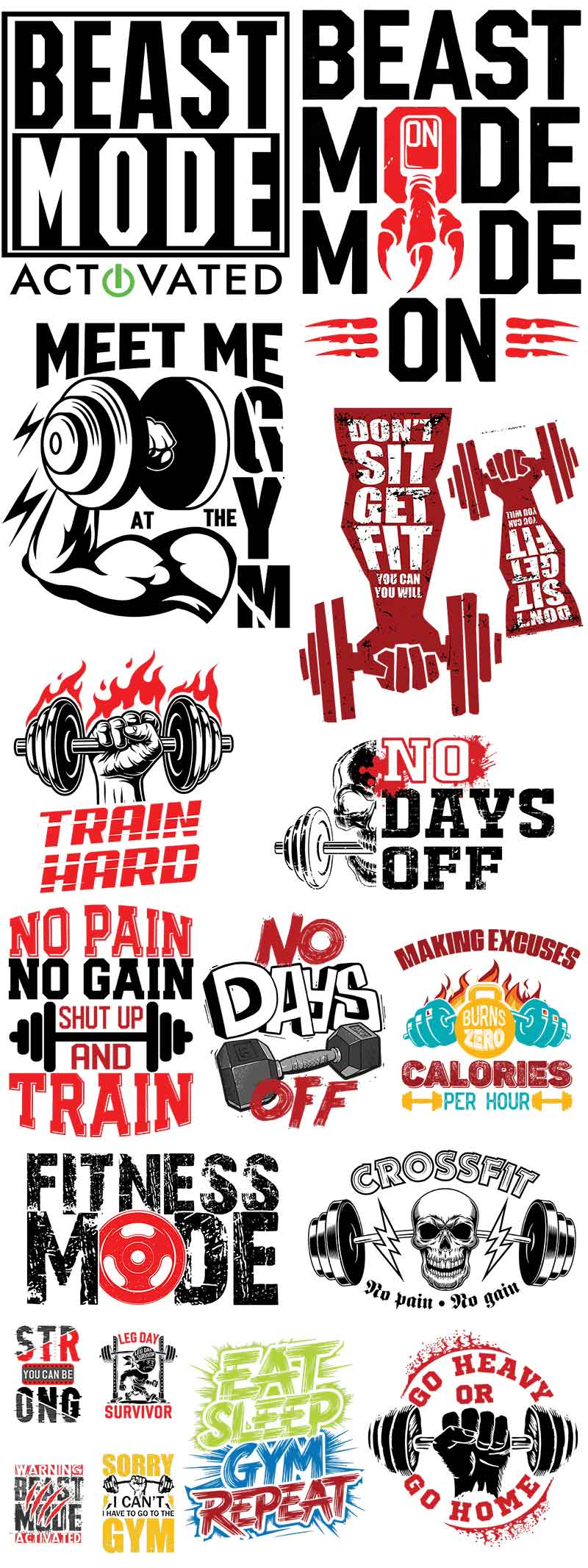 Collection of fitness-themed graphics with motivational phrases and gym equipment icons.