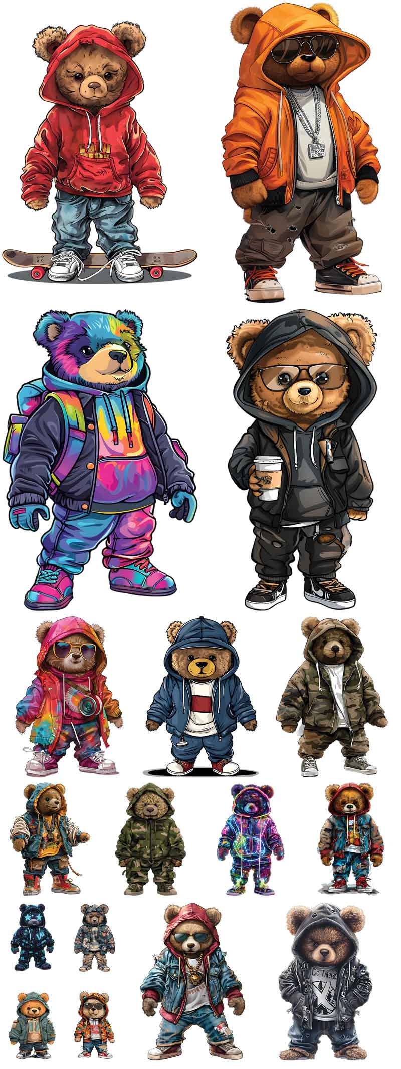 Collection of teddy bears wearing various outfits on a white background