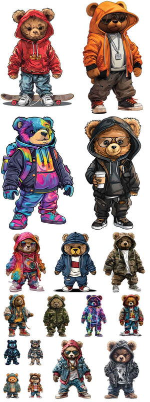 Collection of teddy bears wearing various outfits on a white background
