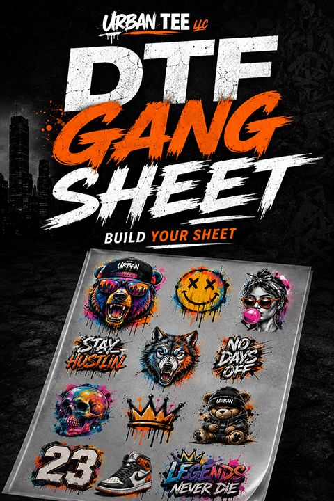 DTF gang sheet packed with multiple full-color designs, printed by Urban Tee LLC in South Gate, CA