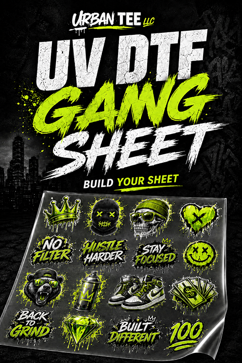 UV DTF gang sheet packed with waterproof sticker designs, printed by Urban Tee LLC in South Gate, CA