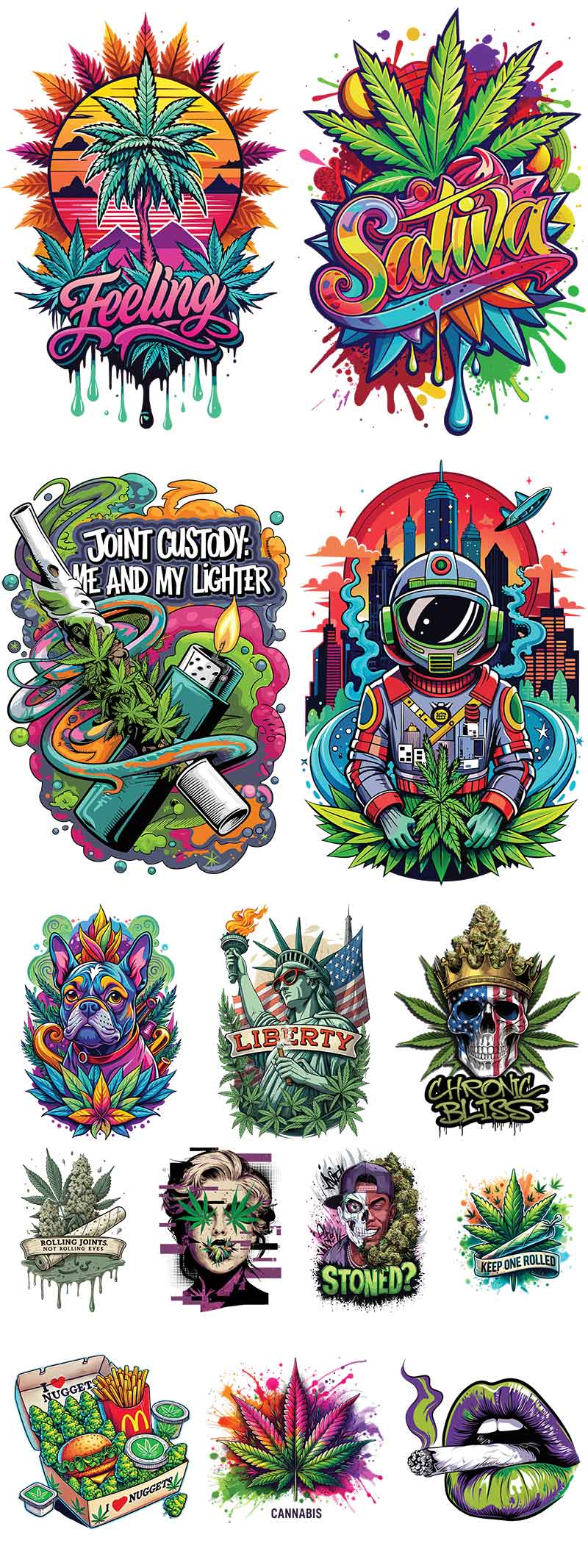 Collection of colorful cannabis-themed stickers with various designs.