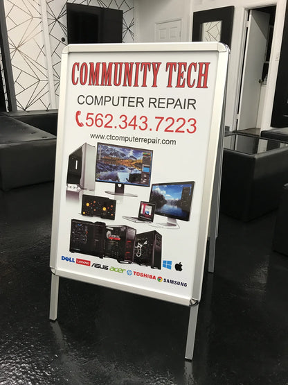 Double-sided A-frame sign for a computer repair shop with full color printed graphics in the Los Angeles area