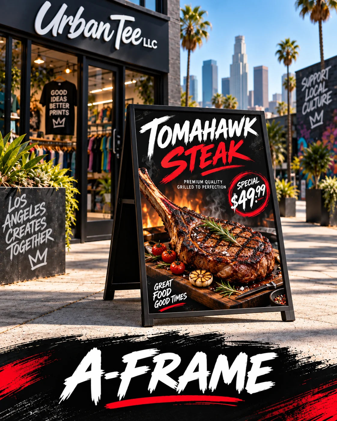 Custom double-sided A-frame sidewalk sign advertising a tomahawk steak special, printed by Urban Tee LLC in South Gate, CA
