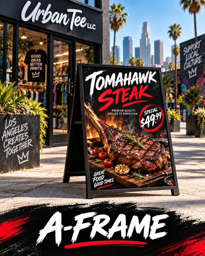 Custom double-sided A-frame sidewalk sign advertising a tomahawk steak special, printed by Urban Tee LLC in South Gate, CA