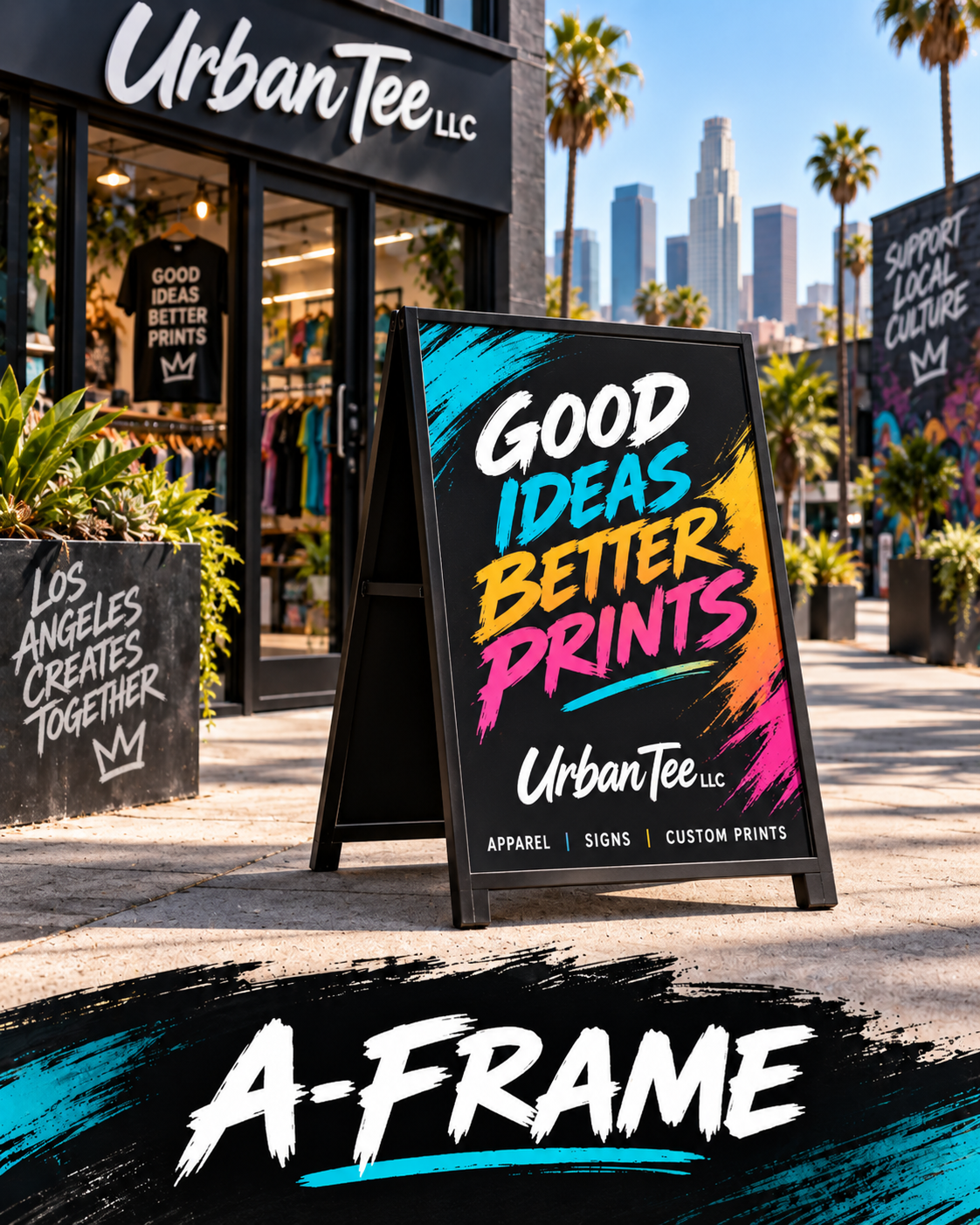 Custom black A-frame sidewalk sign with colorful printed graphic outside the Urban Tee LLC storefront