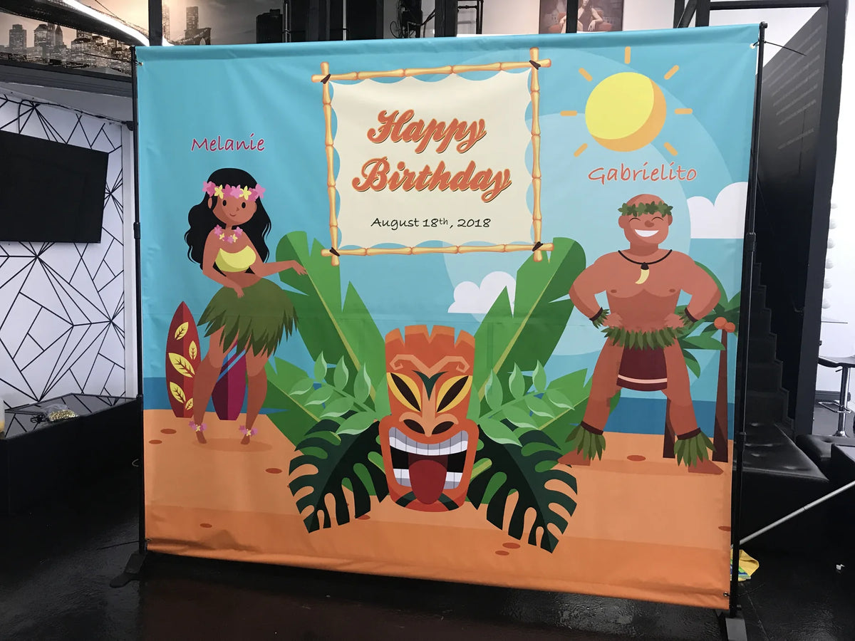 Custom tropical Happy Birthday party backdrop printed in full color on vinyl in South Gate, CA