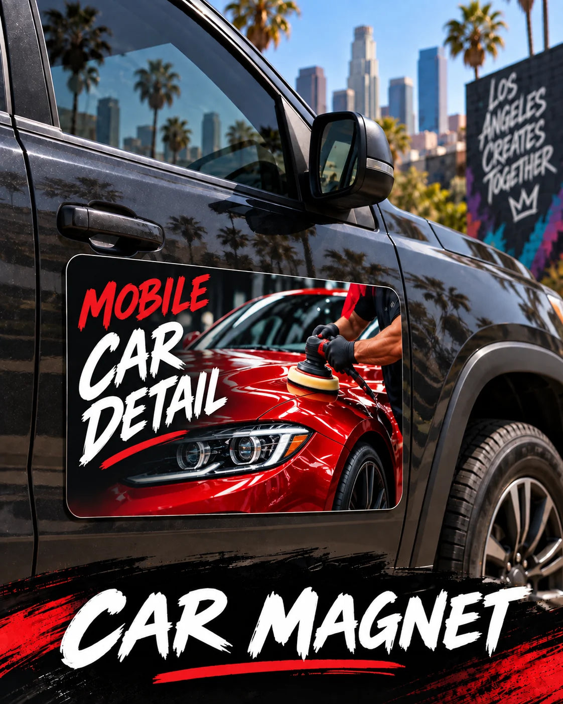 Custom car door magnet for a mobile car detailing business on an SUV in Los Angeles, printed by Urban Tee LLC