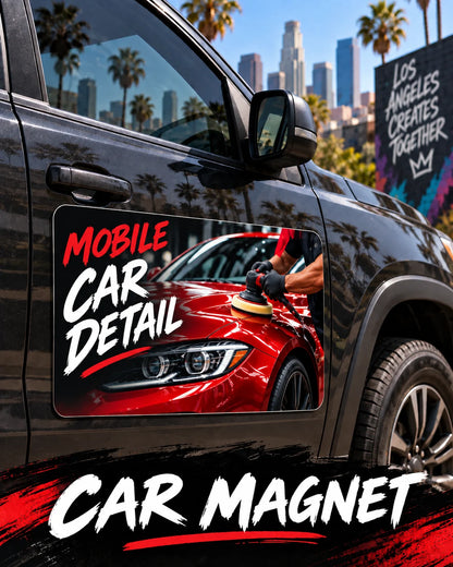 Custom car door magnet for a mobile car detailing business on an SUV in Los Angeles, printed by Urban Tee LLC