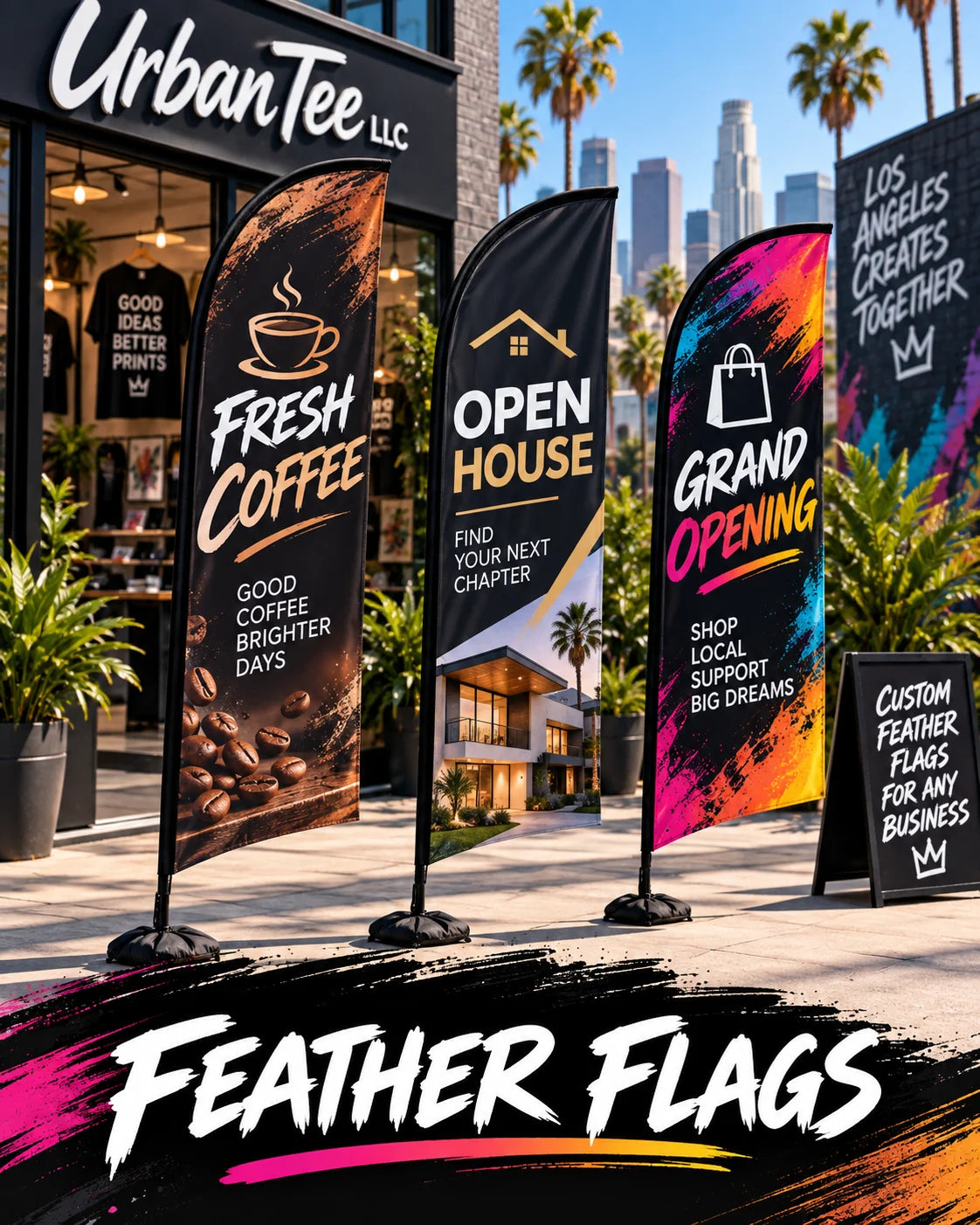 Three custom feather flags with ground stake and metal bases outside the Urban Tee LLC storefront in South Gate, CA