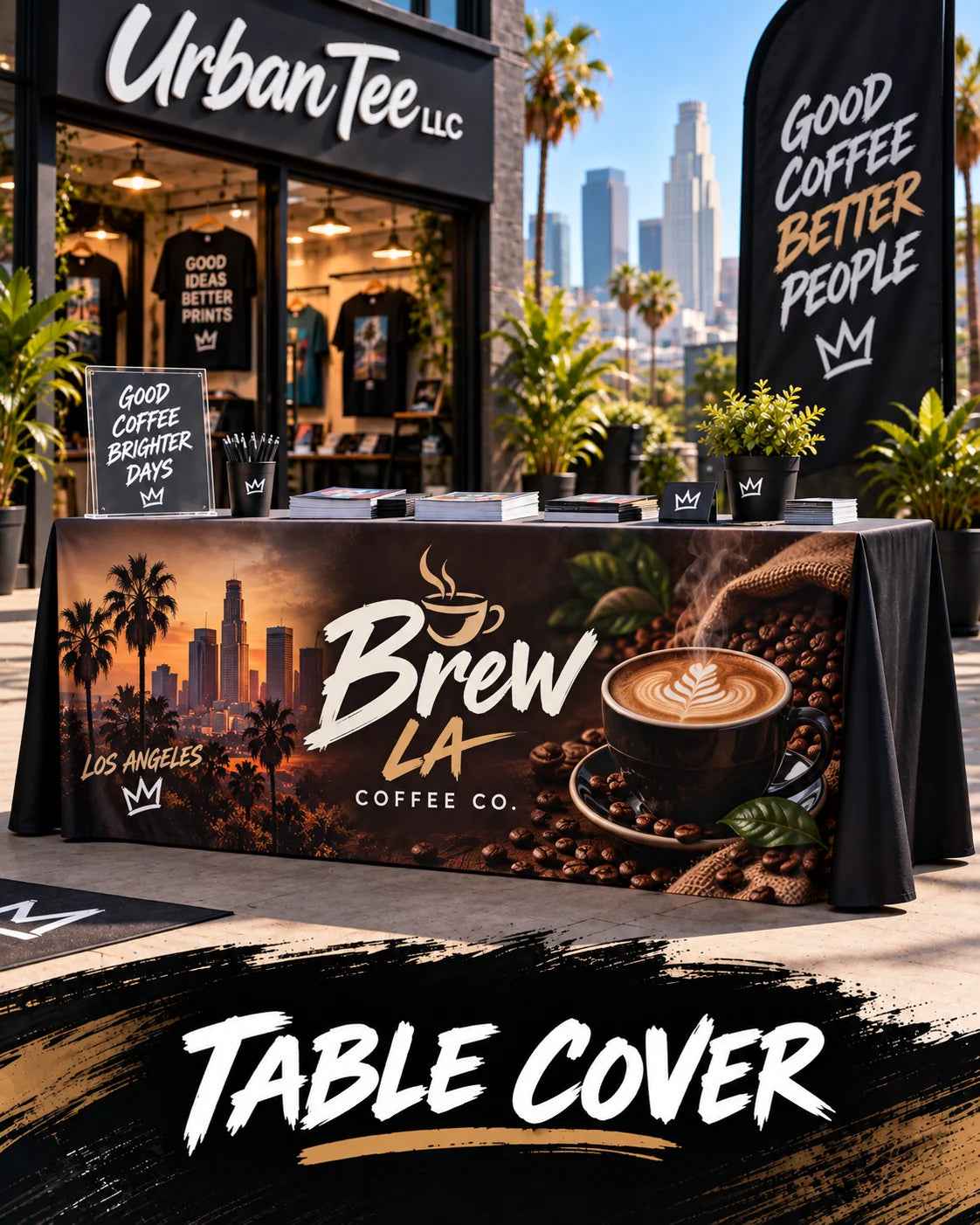 Custom printed table cover for a coffee company at an outdoor event booth, printed by Urban Tee LLC in South Gate, CA
