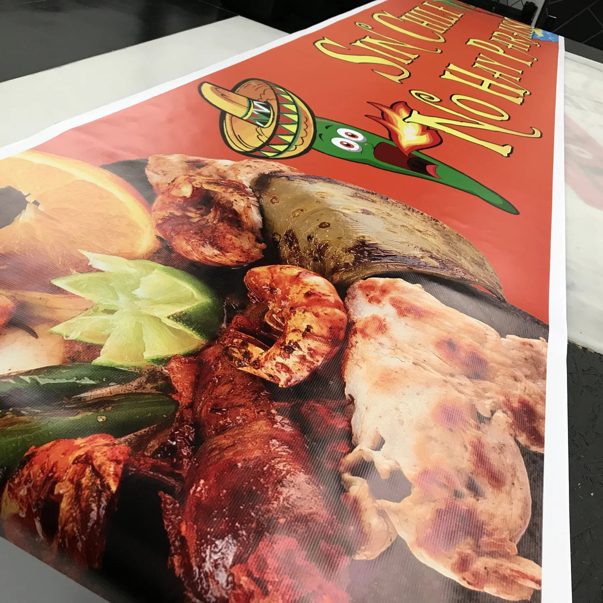 Full color custom vinyl banner for a Mexican restaurant printed at Urban Tee LLC in South Gate, CA