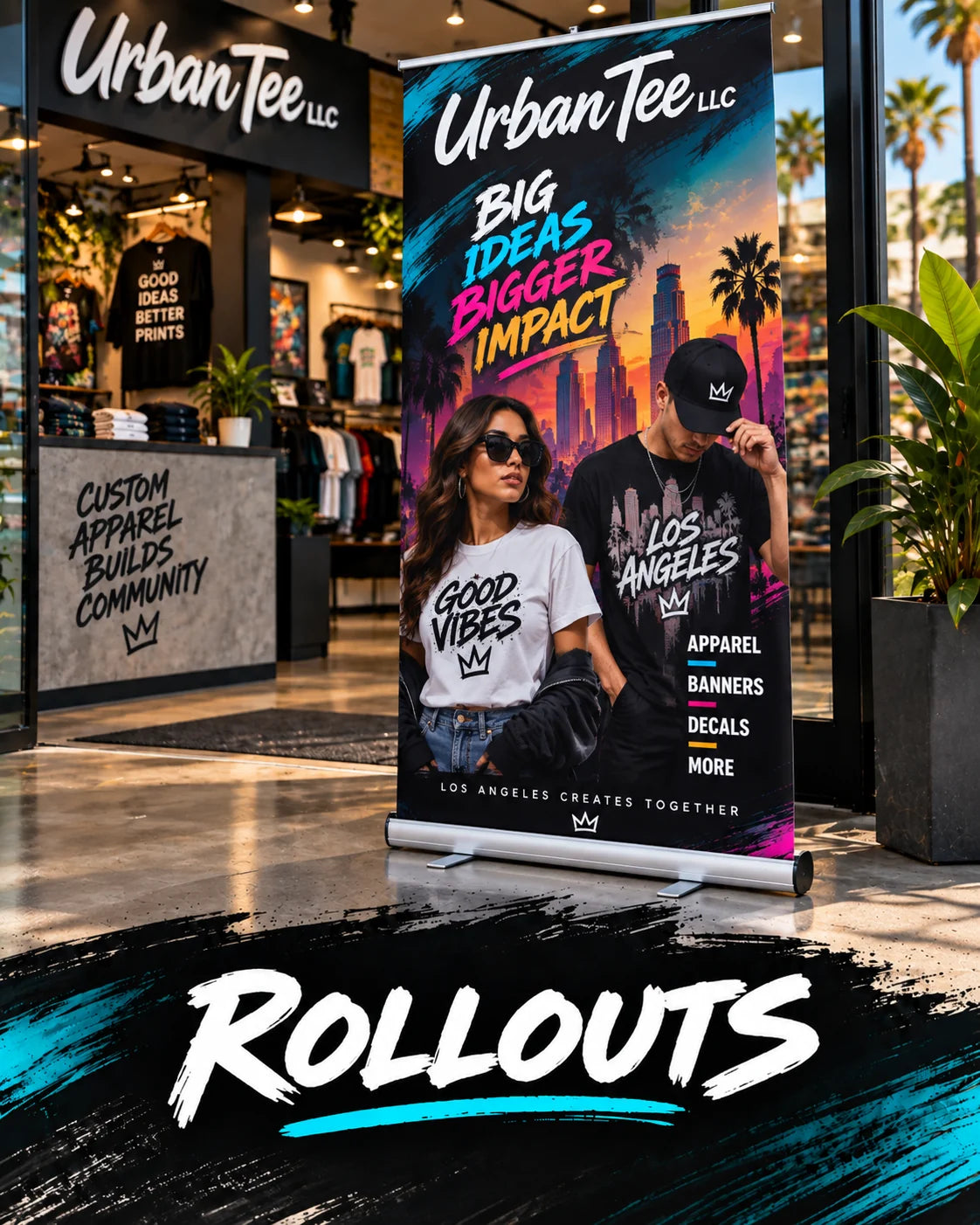 Custom retractable roll-up banner display standing at the Urban Tee LLC storefront entrance in South Gate, CA