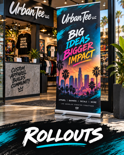 Custom retractable roll-up banner stand with Los Angeles skyline graphic at the entrance of the Urban Tee LLC shop