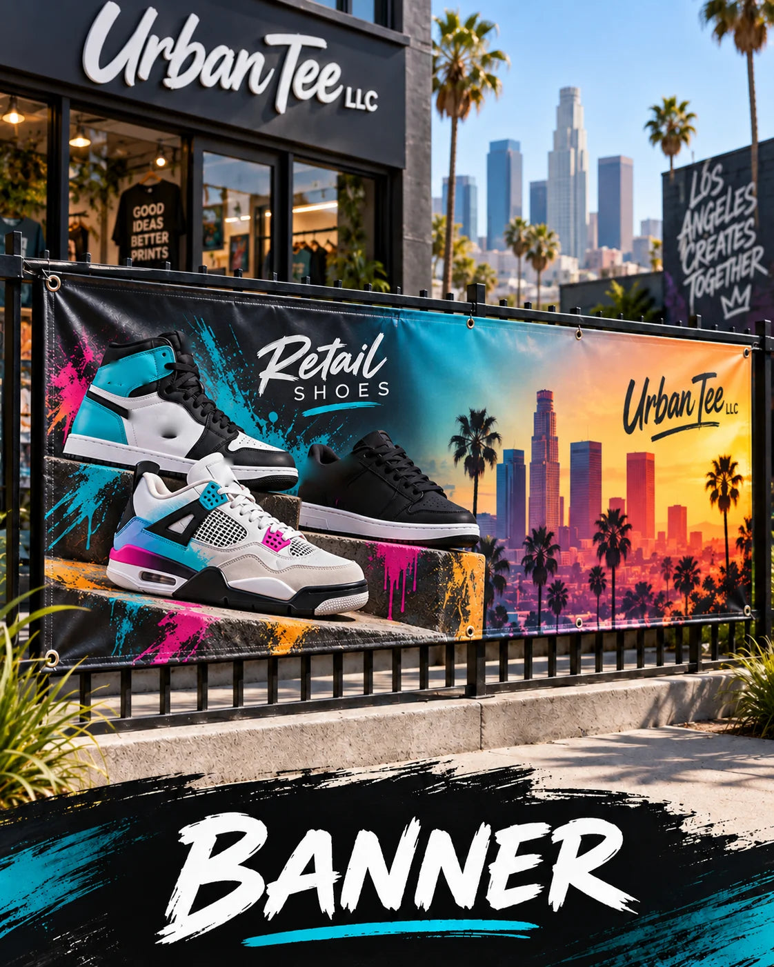 Full-color custom vinyl banner for a retail shoe store hung on a fence outside Urban Tee LLC in South Gate, CA