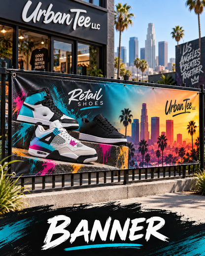 Full-color custom vinyl banner for a retail shoe store hung on a fence outside Urban Tee LLC in South Gate, CA