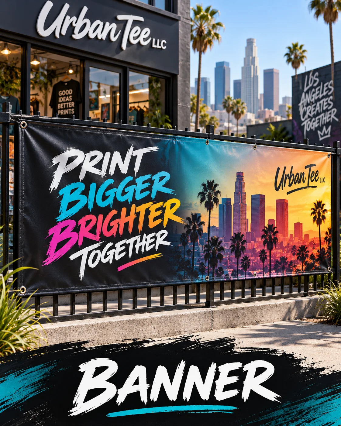 Custom vinyl banners by Urban Tee LLC - full color banner with grommets on a storefront fence in South Gate, CA