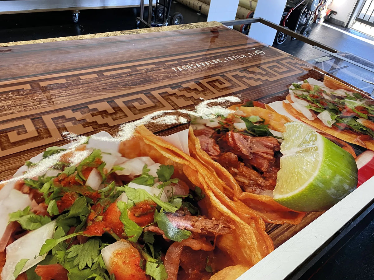 Glossy laminated custom vinyl print with taco photography for a Mexican restaurant, printed by Urban Tee LLC in Los Angeles