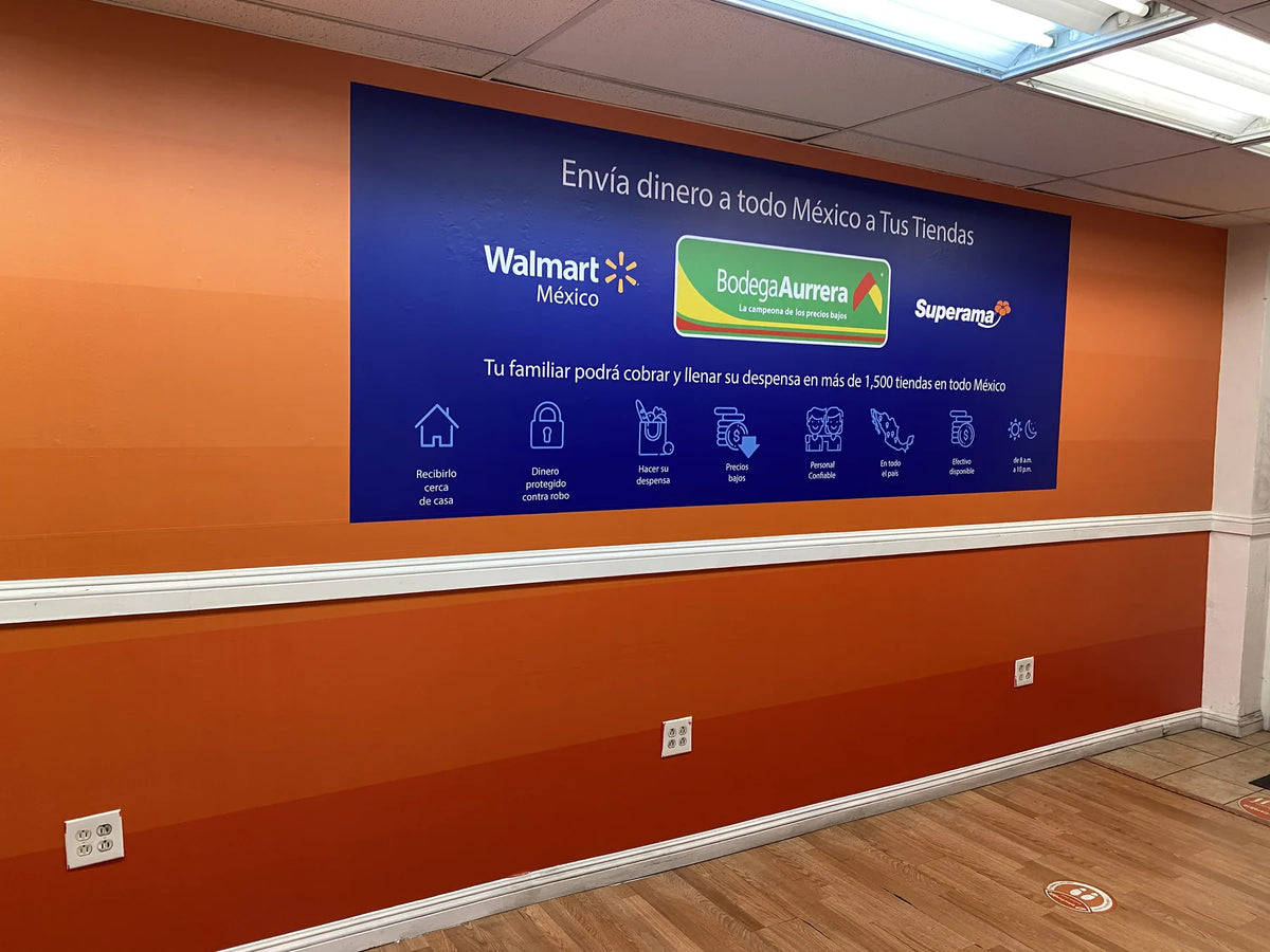 Large custom vinyl wall graphic installed inside a money transfer business in the Los Angeles area