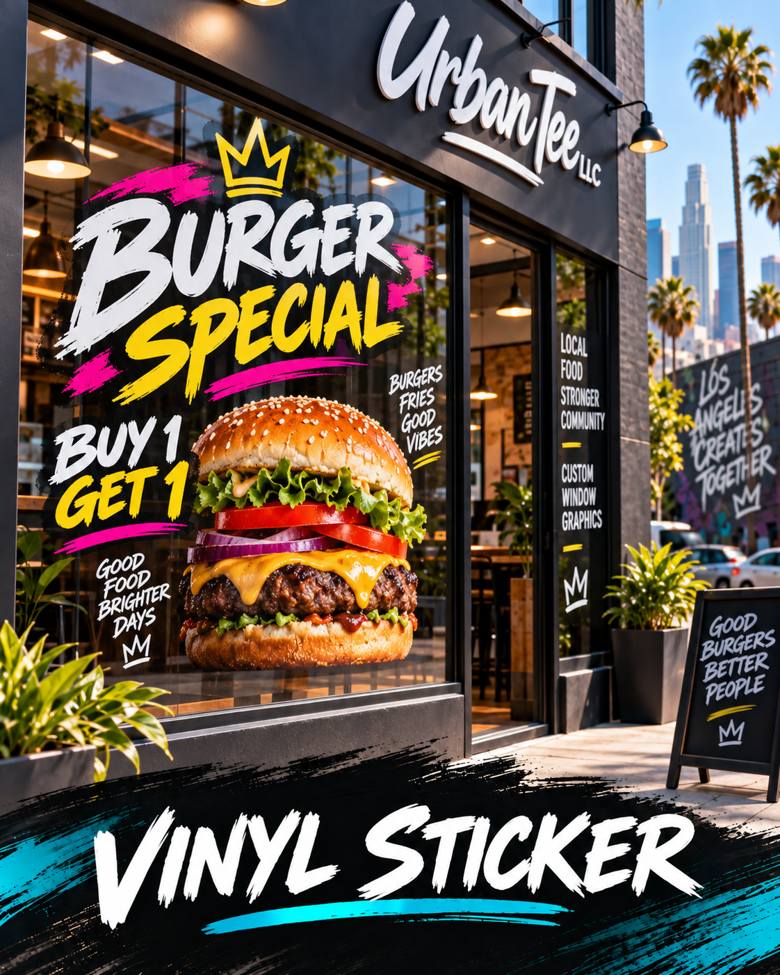 Custom vinyl window sticker with a burger special promotion on a restaurant storefront window