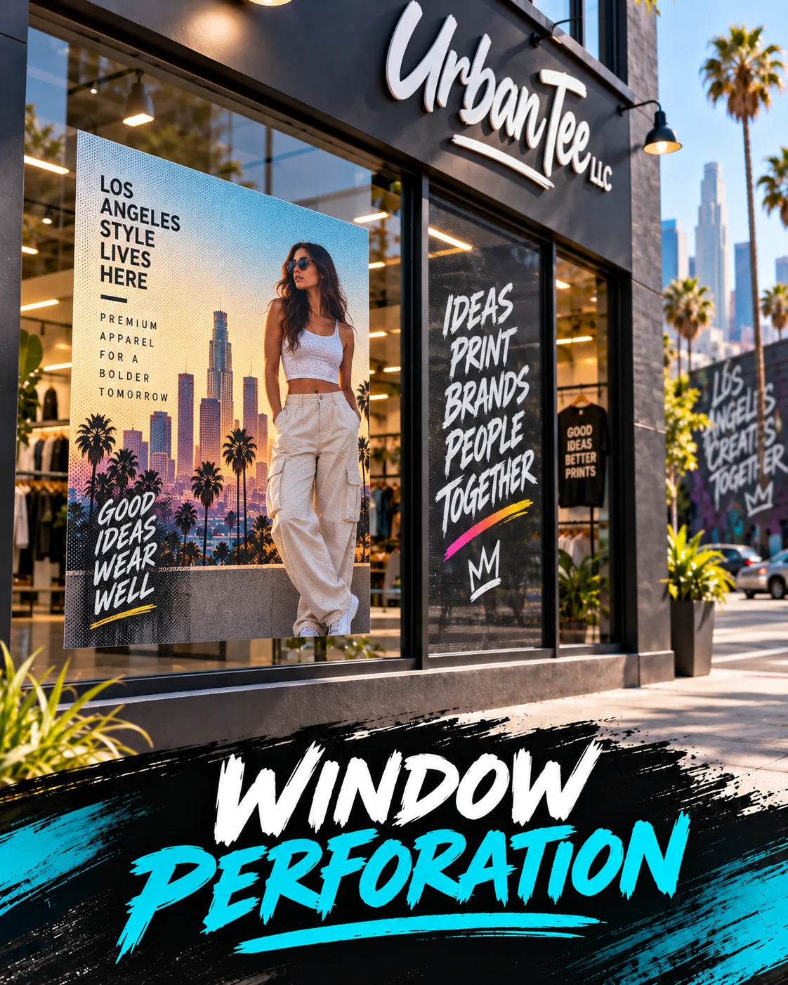 Perforated window graphics printed for the Urban Tee LLC storefront windows in South Gate, CA