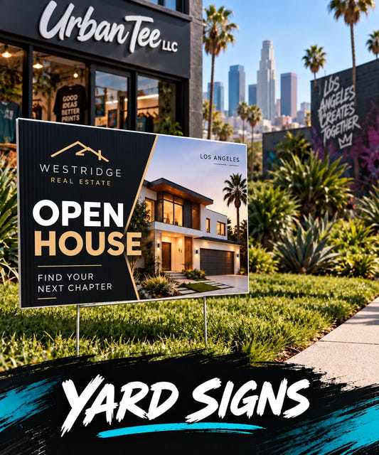 Custom 18 x 24 inch real estate open house yard sign on corrugated plastic with metal H-stake, printed by Urban Tee LLC in South Gate, CA