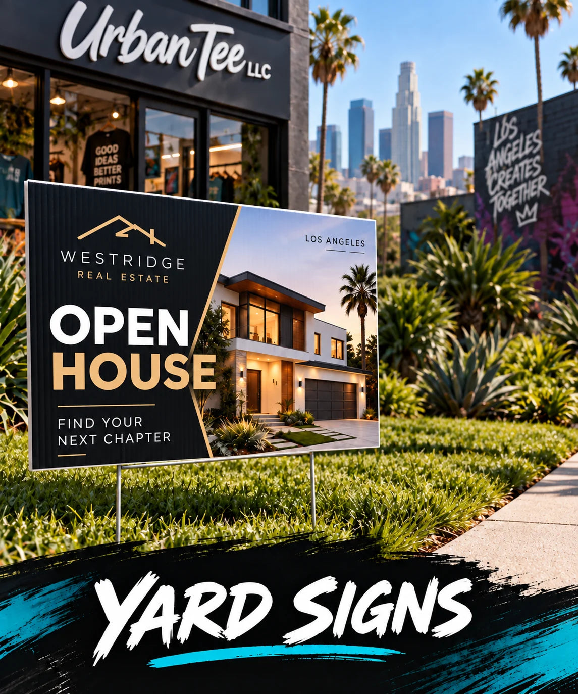 Custom 18 x 24 inch real estate open house yard sign on corrugated plastic with metal H-stake, printed by Urban Tee LLC in South Gate, CA