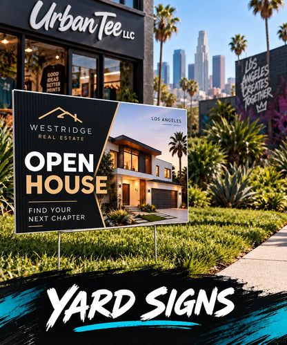 Custom 18 x 24 inch real estate open house yard sign on corrugated plastic with metal H-stake, printed by Urban Tee LLC in South Gate, CA