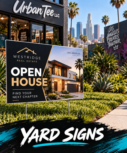 Custom 18 x 24 inch real estate open house yard sign on corrugated plastic with metal H-stake, printed by Urban Tee LLC in South Gate, CA