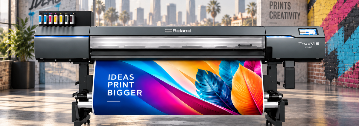 Wide format digital printer printing a full color vinyl banner at Urban Tee LLC, digital and large format printing in South Gate, CA