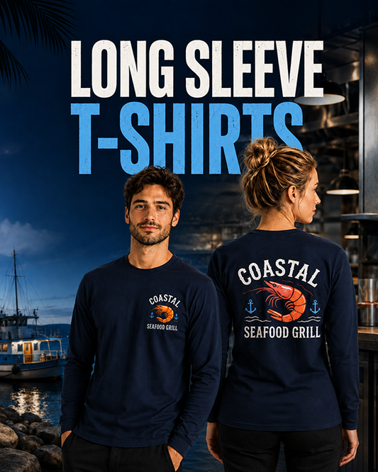 Custom long sleeve t-shirts printed with a company logo by Urban Tee LLC in South Gate, CA