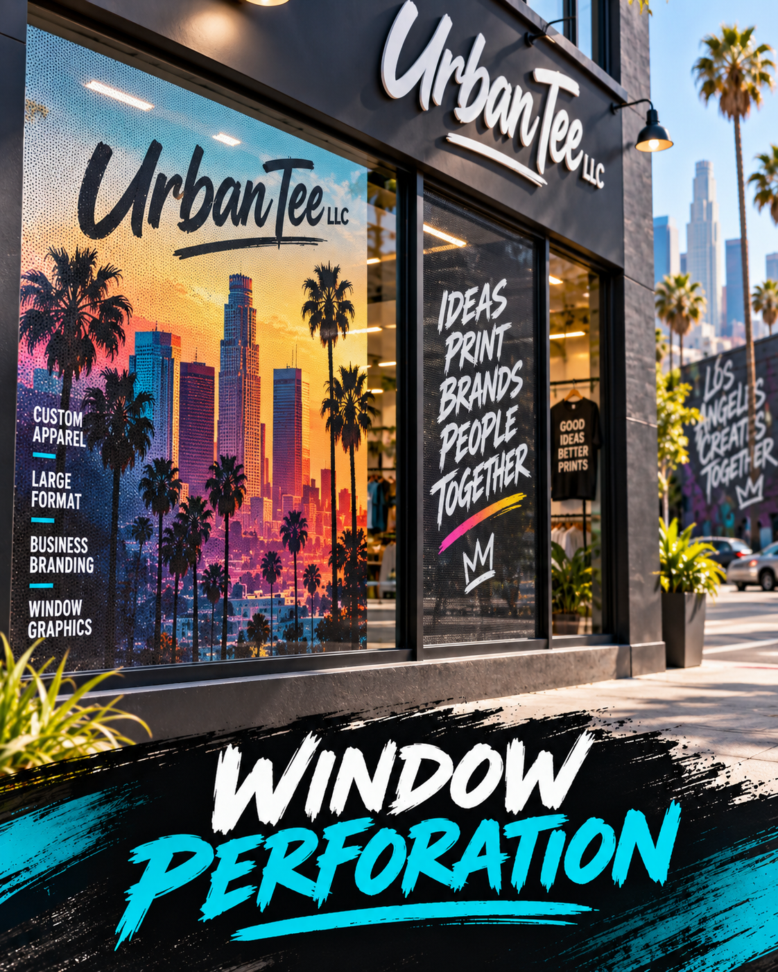 Perforated window vinyl graphics with Los Angeles skyline and Urban Tee LLC logo covering storefront windows