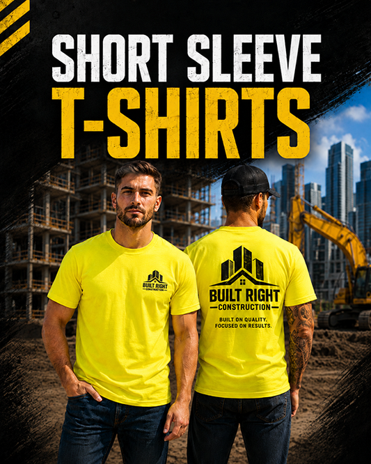 Custom short sleeve t-shirts printed with a construction company logo by Urban Tee LLC in South Gate, CA