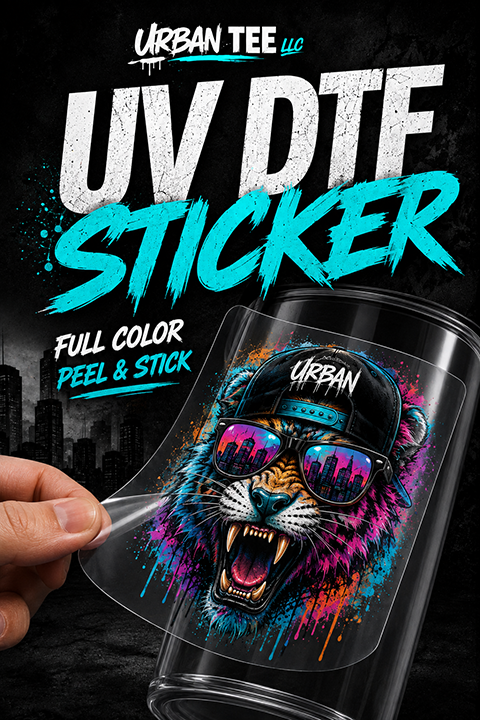 Custom UV DTF sticker being peeled and applied to a tumbler, printed by Urban Tee LLC in South Gate, CA