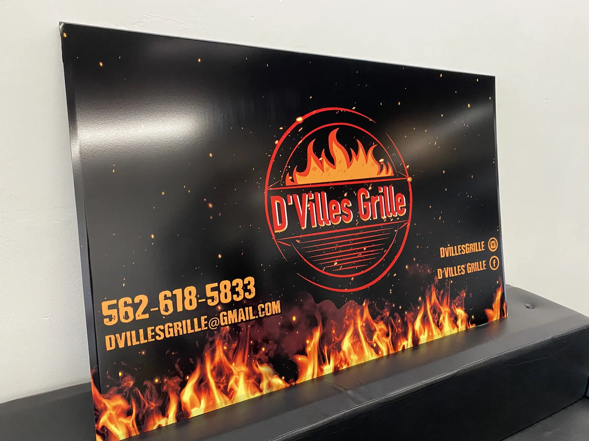 Full color custom vinyl sign print for D'Villes Grille restaurant with logo and contact info, printed by Urban Tee LLC in South Gate
