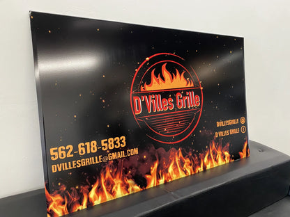 Full color custom vinyl sign print for D'Villes Grille restaurant with logo and contact info, printed by Urban Tee LLC in South Gate